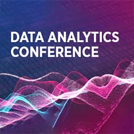 abstract red and blue background with data analytics conference written on it