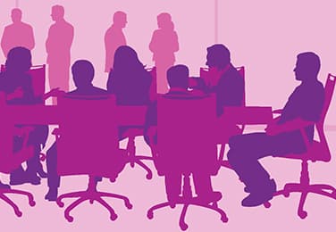 Illustration of silhouettes sitting in a meeting in purple